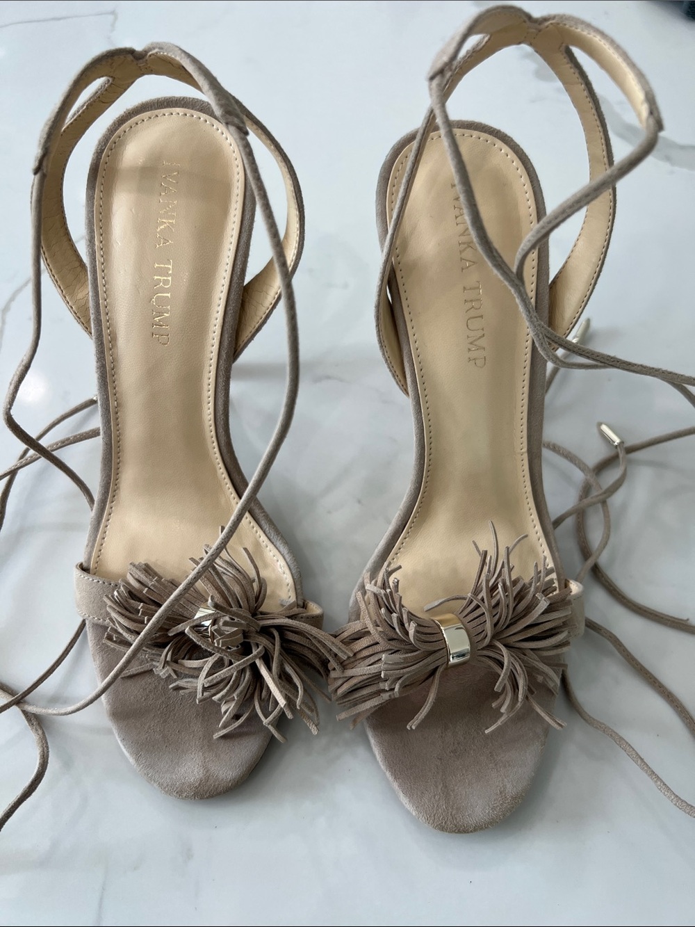 Ivanka Trump Taupe Suede Fringe Lace-Up Heels